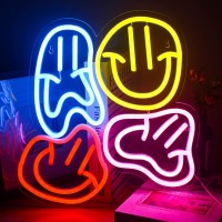 Faxfsign Smiley Faces Neon Sign Led Colorful Distorted Happy Faces Neon Light Signs For Wall Decor Usb Light Up Signs For Kids Bedroom Aesthetic Preppy Room Decor Party Decoration Teens Gifts