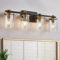 4 Light Bathroom Vanity Light Fixtures, Modern Black And Gold Vanity Lights Over Mirror, Vintage Sconce Wall Lighting With Clear Glass Shade, Brushed Gold Vanity Lights For Bathroom