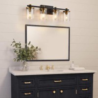 4 Light Bathroom Vanity Light Fixtures, Modern Black And Gold Vanity Lights Over Mirror, Vintage Sconce Wall Lighting With Clear Glass Shade, Brushed Gold Vanity Lights For Bathroom