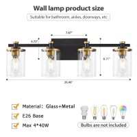 4 Light Bathroom Vanity Light Fixtures, Modern Black And Gold Vanity Lights Over Mirror, Vintage Sconce Wall Lighting With Clear Glass Shade, Brushed Gold Vanity Lights For Bathroom