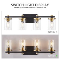 4 Light Bathroom Vanity Light Fixtures, Modern Black And Gold Vanity Lights Over Mirror, Vintage Sconce Wall Lighting With Clear Glass Shade, Brushed Gold Vanity Lights For Bathroom