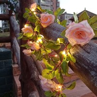 Artificial Rose Flower Vine String Lights,6.6 Ft 20 Led Rose Garland Plant Fairy Light Wall Hanging Greenery For Wedding Backdrop Arch Door Birthday Bedroom Party Garden Valentine'S Decoration