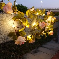 Artificial Rose Flower Vine String Lights,6.6 Ft 20 Led Rose Garland Plant Fairy Light Wall Hanging Greenery For Wedding Backdrop Arch Door Birthday Bedroom Party Garden Valentine'S Decoration