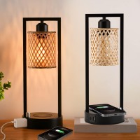 Lediary Set Of 2 Wireless Charging Rattan Table Lamps With Ac Outlet And 2 Usb Ports, Fully Stepless Dimmable Wicker Bedside Lamps, Boho Lamp With Bamboo Woven Shade For Bedroom, 2200K Bulbs Included