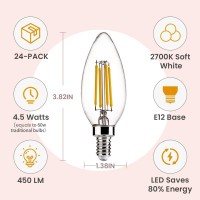 24-Pack B11 Led Candelabra Bulbs, Alampever Dimmable 4.5W (60W Equivlant) Led Chandelier Light Bulbs, E12 Base,2700K Soft White, 450Lm,Cri80