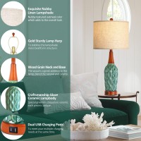 Vintage Table Lamps For Living Room Set Of 2 Retro Bedside Lamp For Bedroom With Usb Port Mcm Teal Ceramic 3Way Dimmable Nigh