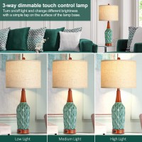 Vintage Table Lamps For Living Room Set Of 2 Retro Bedside Lamp For Bedroom With Usb Port Mcm Teal Ceramic 3Way Dimmable Nigh