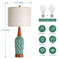 Vintage Table Lamps For Living Room Set Of 2 Retro Bedside Lamp For Bedroom With Usb Port Mcm Teal Ceramic 3Way Dimmable Nigh