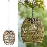 Outdoor Solar Hanging Lantern Natural Seeweed Rattan Bamboo Woven Porch Patio Gazebo Pendent Chandelier Light Decorative Solar