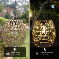 Outdoor Solar Hanging Lantern Natural Seeweed Rattan Bamboo Woven Porch Patio Gazebo Pendent Chandelier Light Decorative Solar