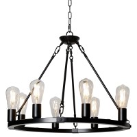 Telafly 8 Lights Wagon Wheel Chandelier,Farmhouse Black Chandelier Dining Room Light Fixture,Round Industrial Vintage Kitchen Island Pendant Light For Living Room Entryway Foyer 23.6