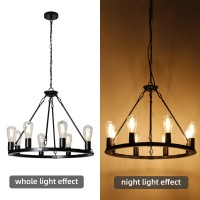 Telafly 8 Lights Wagon Wheel Chandelier,Farmhouse Black Chandelier Dining Room Light Fixture,Round Industrial Vintage Kitchen Island Pendant Light For Living Room Entryway Foyer 23.6