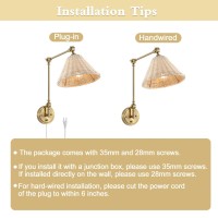 Wingbo Wall Sconce Rattan Wrapped Wall Lamp Adjustable Swing Arm Wall Light Gold Vintage Bedside Light Fixture Wicker Handmade