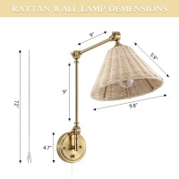 Wingbo Wall Sconce Rattan Wrapped Wall Lamp Adjustable Swing Arm Wall Light Gold Vintage Bedside Light Fixture Wicker Handmade