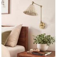 Wingbo Wall Sconce Rattan Wrapped Wall Lamp Adjustable Swing Arm Wall Light Gold Vintage Bedside Light Fixture Wicker Handmade