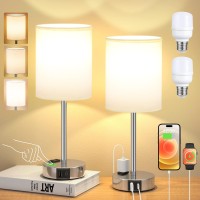 Touch Lamps For Bedrooms Set Of 2 Modern - White 3 Way Dimmable Bedside Lamp With Usb C And A Ports And Outlets, Nightstand Lamp With Silver Base, Small Table Lamps For Nursery Kids Girl And Boy