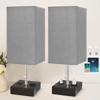 Wihtu 3-Color Temperature Bedside Lamp Set Of 2 With Usb Port And Ac Outlet Smoky Grey Shade Small Table Lamps For Bedroom With Pull Chain Nightstand Lamps For Living Room Bed Lamp Desk Lamps