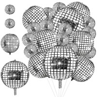 30 Pcs Disco Ball Balloons 32 22 10 4D Disco Balloons 70S Disco Party Decorations Round Metallic Silver Disco Foil Balloon