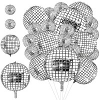 30 Pcs Disco Ball Balloons 32 22 10 4D Disco Balloons 70S Disco Party Decorations Round Metallic Silver Disco Foil Balloon