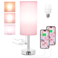 Hong-In Nightstand Lamp With 3 Color Modes - Pink Lamp For Bedroom With Usb-C Usb-A Charging Ports, 3000/4000/5000K Bedside Lamps By Pull Chain, Small Table Lamp For Bedroom, Office, Living Room