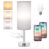 Hong-In Nightstand Lamp With 3 Color Modes -Grey Lamp For Bedroom With Usb-C Usb-A Charging Ports, 3000/4000/5000K Bedside Lamps By Pull Chain, Small Table Lamp For Bedroom, Office, Living Room