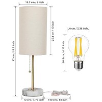 Junnai Bedside Table Lamp With Marble Base Pull Chain Switch 3Way Dimmable Linen Fabric Shade Golden Pole Small Nightstand