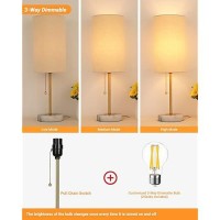 Junnai Bedside Table Lamp With Marble Base Pull Chain Switch 3Way Dimmable Linen Fabric Shade Golden Pole Small Nightstand