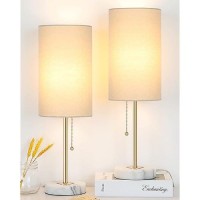 Junnai Bedside Table Lamp With Marble Base Pull Chain Switch 3Way Dimmable Linen Fabric Shade Golden Pole Small Nightstand