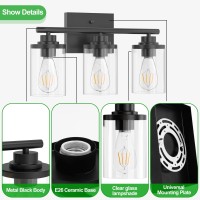 Dchyyds Black Bathroom Light Fixtures 3-Light Vanity Lights For Mirror, Modern Matte Wall Lamp With Clear Glass Shade, Bath Vintage Wall Sconce Lighting For Kitchen Hallway Bedroom Living Room