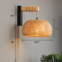 Plug In Wall Sconces,Wall Lamp With Plug In Cord And Dimmable Switch,Rattan Wall Sconces With Wood Arm And Hemp Rope Cord,Wall Lights For Bedroom Living Room,Wall Mounted Lamp Litht,No Wiring Required