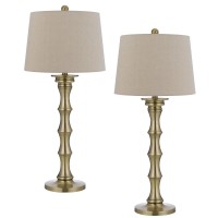 Noah 32 Inch Accent Table Lamp Set Of 2, Turned Pedestal, Antique Brass