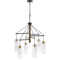 44 Inch Classic Chandelier, Hanging Textured Glass Shade, Antique Brass