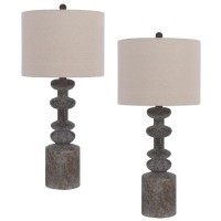 31 Inch Accent Table Lamp, Resin Turned Base, Set Of 2, Beige, Gray