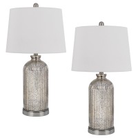 26 Inch Accent Table Lamp Set Of 2, Lined Glass Jar Base, Metallic Silver