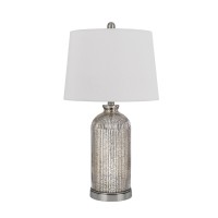 26 Inch Accent Table Lamp Set Of 2, Lined Glass Jar Base, Metallic Silver