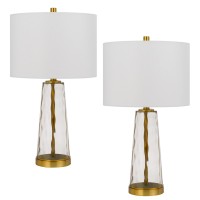 26 Inch Modern Accent Table Lamp Set Of 2, Clear Glass Base, Antique Brass