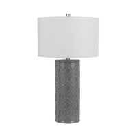 29 Inch Accent Table Lamp Set Of 2, Tall Cylinder, Ball Finial Accent, Gray