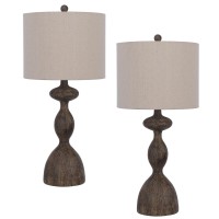 30 Inch 2 Table Lamps, Resin Accent, Turned Base, Rustic Wood Brown, Beige