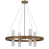 32 Inch Dia. Chandelier, Round Outer Frame, 4 Frosted Glass Shades, Brass