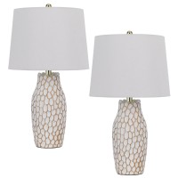 23 Inch Set Of 2 Ceramic Accent Table Lamp, Hammered Base, White, Gold