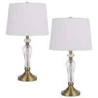 25 Inch Modern Table Lamp, Hardback Fabric Shade, Glass Body, Antique Brass