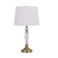 25 Inch Modern Table Lamp, Hardback Fabric Shade, Glass Body, Antique Brass