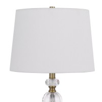 25 Inch Modern Table Lamp, Hardback Fabric Shade, Glass Body, Antique Brass