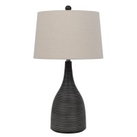 29 Inch Classic Table Lamp, Textured Lined Body, Ceramic, Charcoal Black