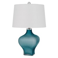 26 Inch Modern Accent Table Lamp, Unique Tapered Glass Base, Aqua Blue