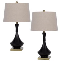 27 Inch Modern Table Lamp, Metal Base, Set Of 2, Black, Antique Brass