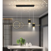 Led Chandelier 45W Kitchen Island Lamp Modern Dining Table Pendant Light 2 Round Ring Design With 2 Spotlights Star Sky Projection Lighting Fixtures Dimming 3000K-6500K For Bar Living Room (Black)