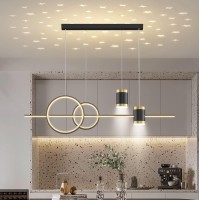 Led Chandelier 45W Kitchen Island Lamp Modern Dining Table Pendant Light 2 Round Ring Design With 2 Spotlights Star Sky Projection Lighting Fixtures Dimming 3000K-6500K For Bar Living Room (Black)