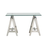 Cid 47 Inch Modern Console Table, Glass Top, Metal Sawhorse Base, Chrome