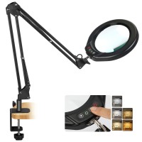 Veemagni 5 Inch Large Magnifying Glass With Light And Stand, 5 Color Modes Stepless Dimmable, Long Swivel Arm Led Clamp Desk Lamp, Hands Free 8X Lighted Magnifier For Close Work Craft Hobby Soldering